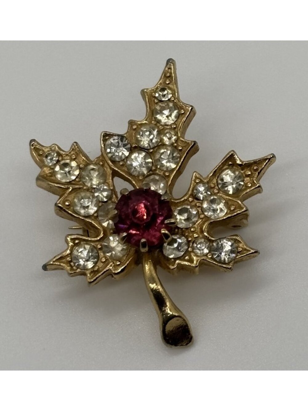 Vintage Maple Leaf Pin Prong Set Red Rhinestone Pave Clear Rhinestones Unsigned